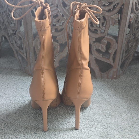 Tan Lace-Up Peep Toe Heeled Boots - Picture 4 of 5